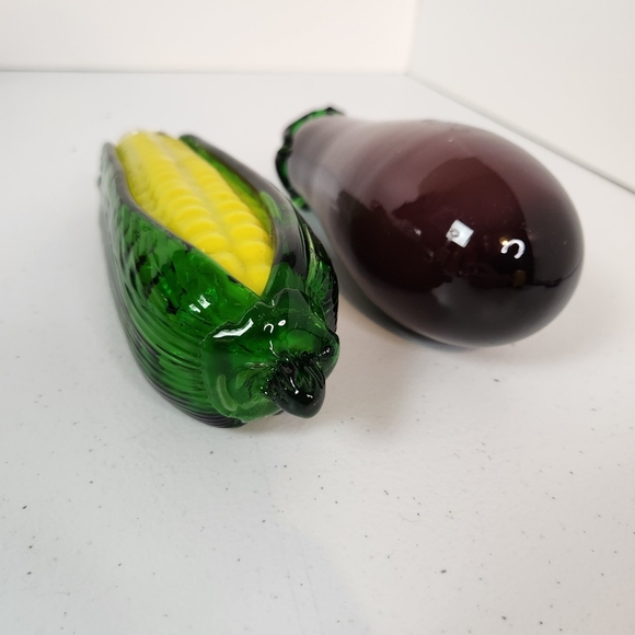 Vintage Art Blown Glass Vegetables Aubergine Eggplant Corn on the Cob Figurine - Picture 3 of 6